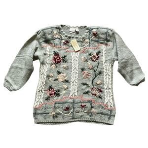 Vintage Floral Hand Knit Sweater Sage Green L Cottagecore Coquette Style